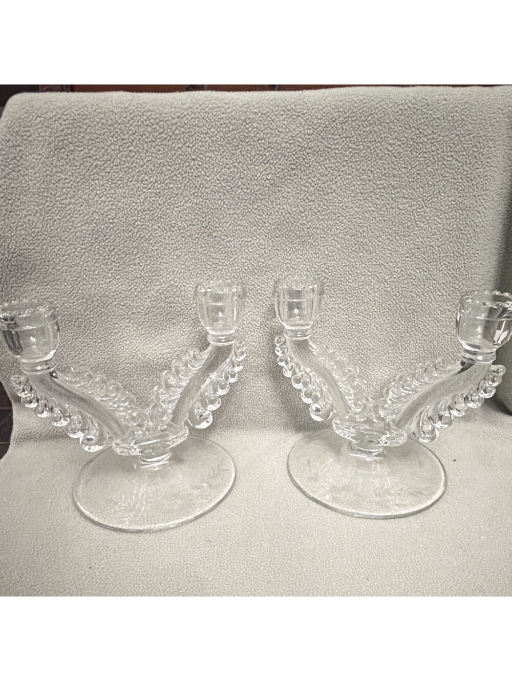 Clear Glass Double 2-Arm Candle Holder Candelabra Etched Grapes & Leaves Set of2